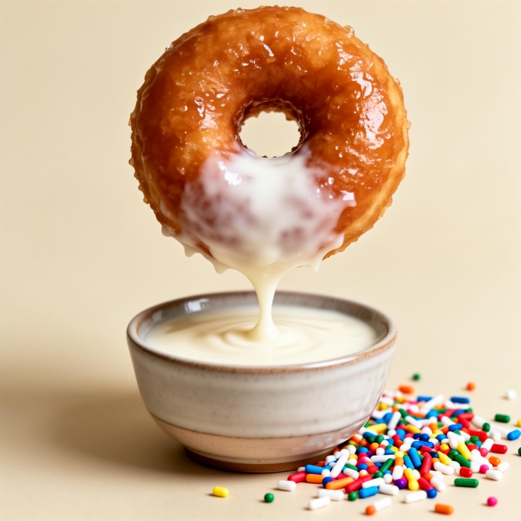 Dipping donut in vanilla glaze