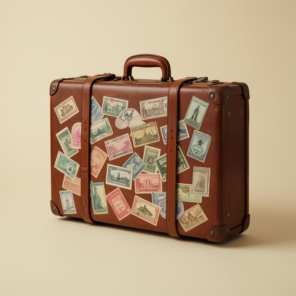 Mysterious vintage suitcase with passport stamps